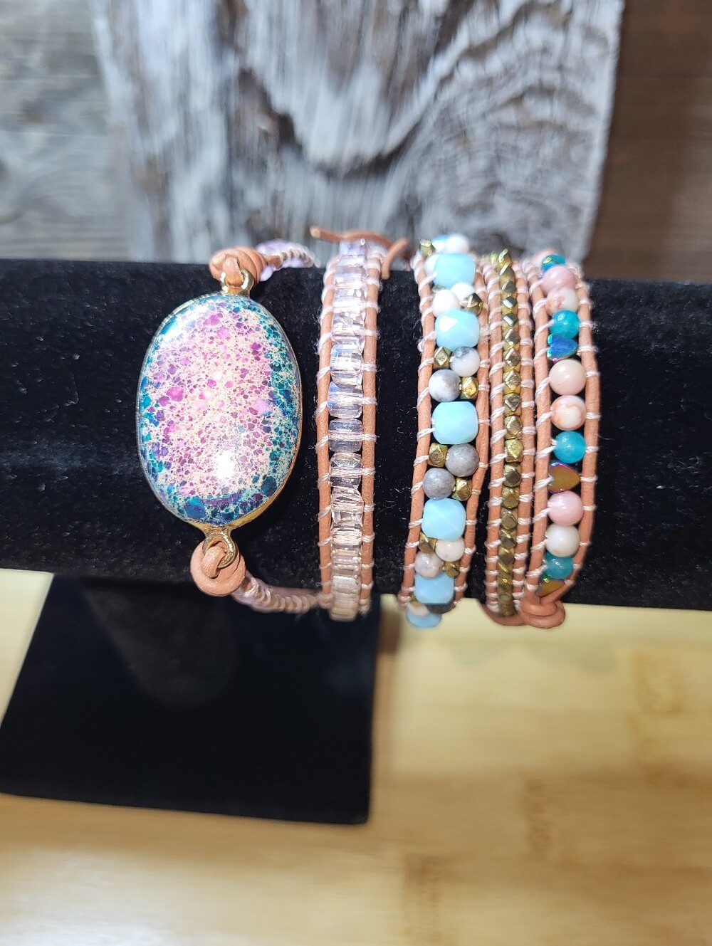 Multi-Row Beaded Leather Wrap Bracelet in Pink and Turquoise